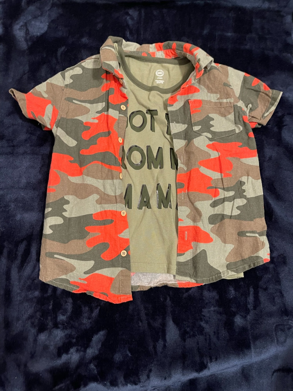wonder nation Kids’ Short Sleeve Camo Button-Down Shirt in Olive & Bright Orange
